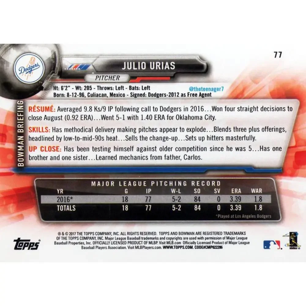 2017 Bowman Julio Urias # 77 Los Angeles Dodgers